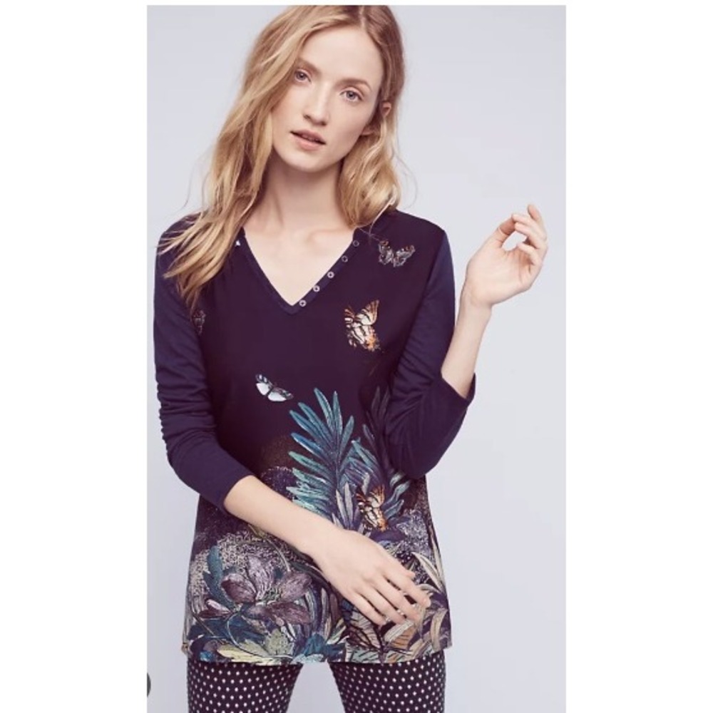 Akemi + Kin Anthropologie Fauna Henley Navy Butterfly Botanical Tunic Linen Med